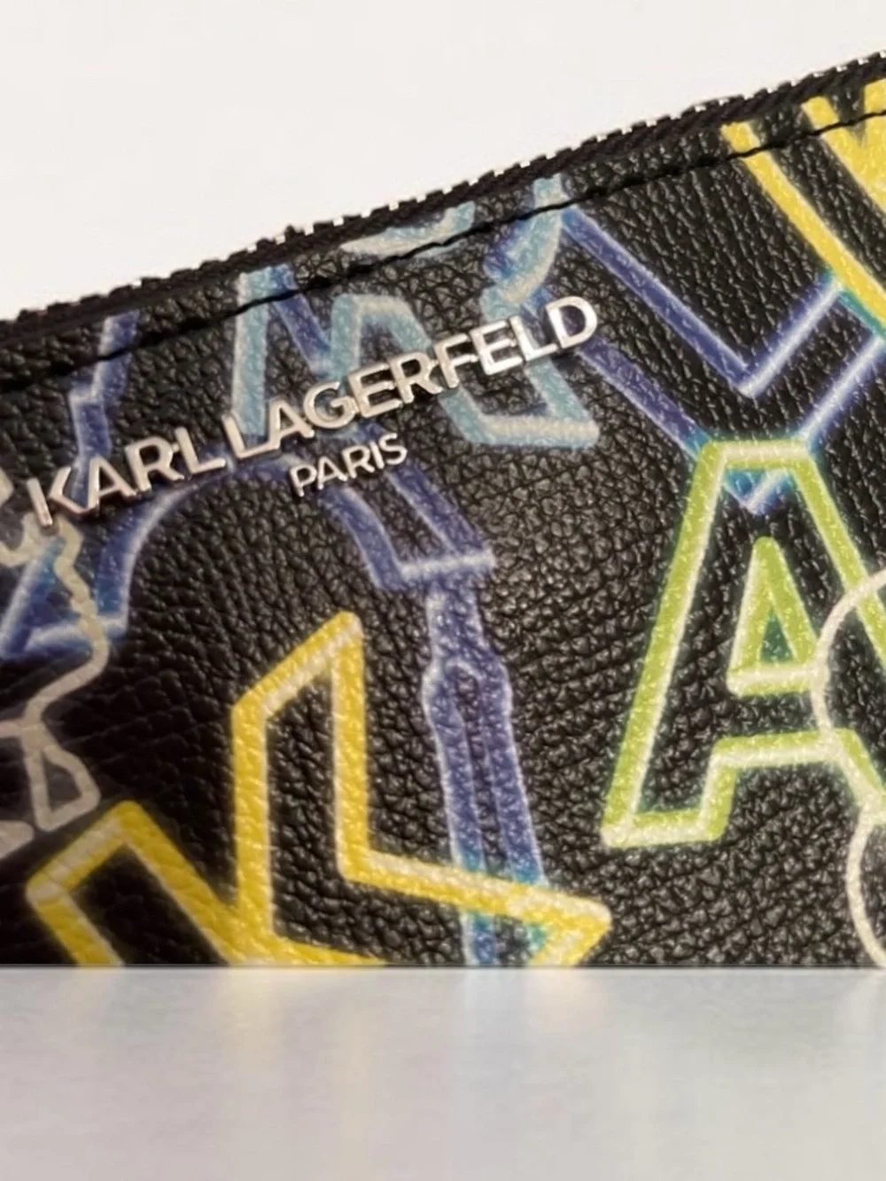 Karl Lagerfeld NWOT Black Leather Graphic Neon-Accent Wristlet
